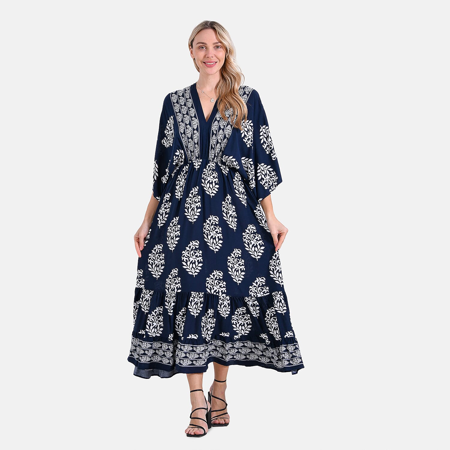 - Maisi Bohemian Geometric Ethnic Print V-Neck Maxi Dress (One Size) - Navy with White Print