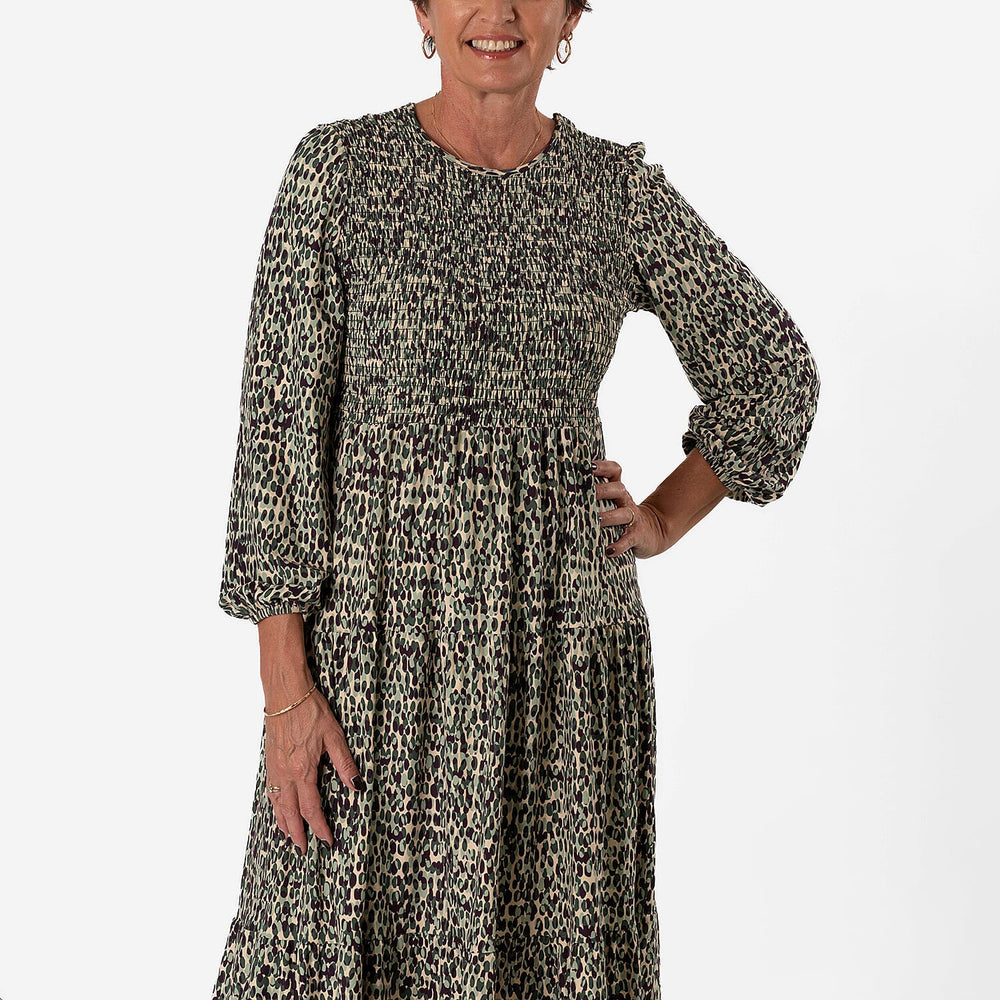 - Maisi Soft Touch Knitted Dotty Print Shirred Dress (Size - L) - Green