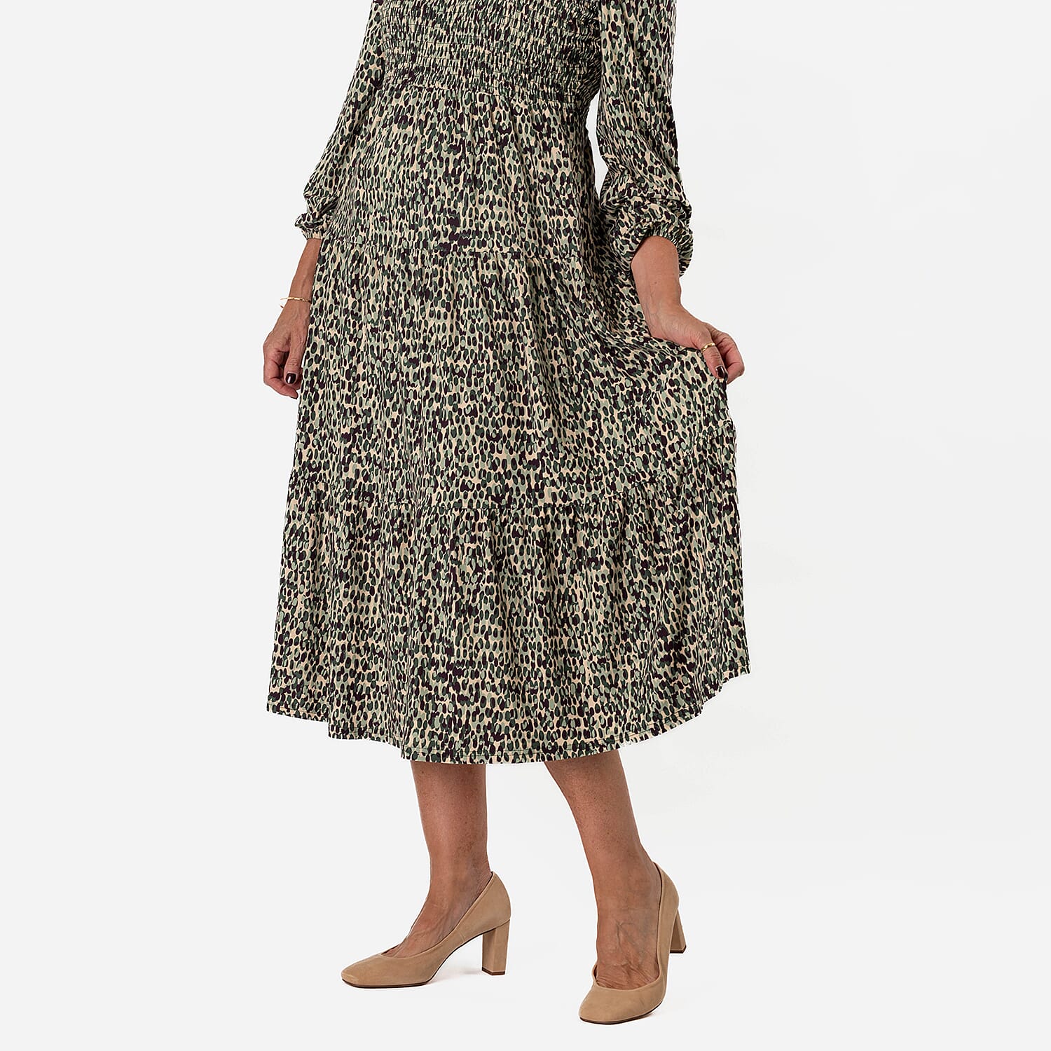 - Maisi Soft Touch Knitted Dotty Print Shirred Dress (Size - L) - Green