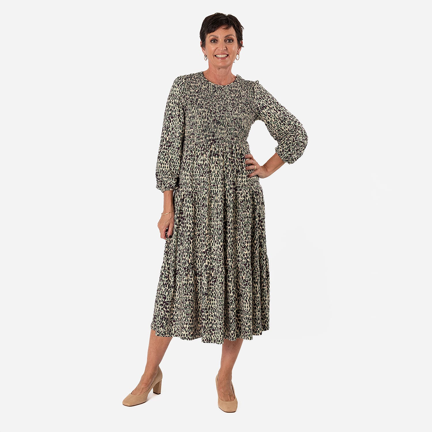 - Maisi Soft Touch Dotty Print Shirred Dress (Size - M) - Green