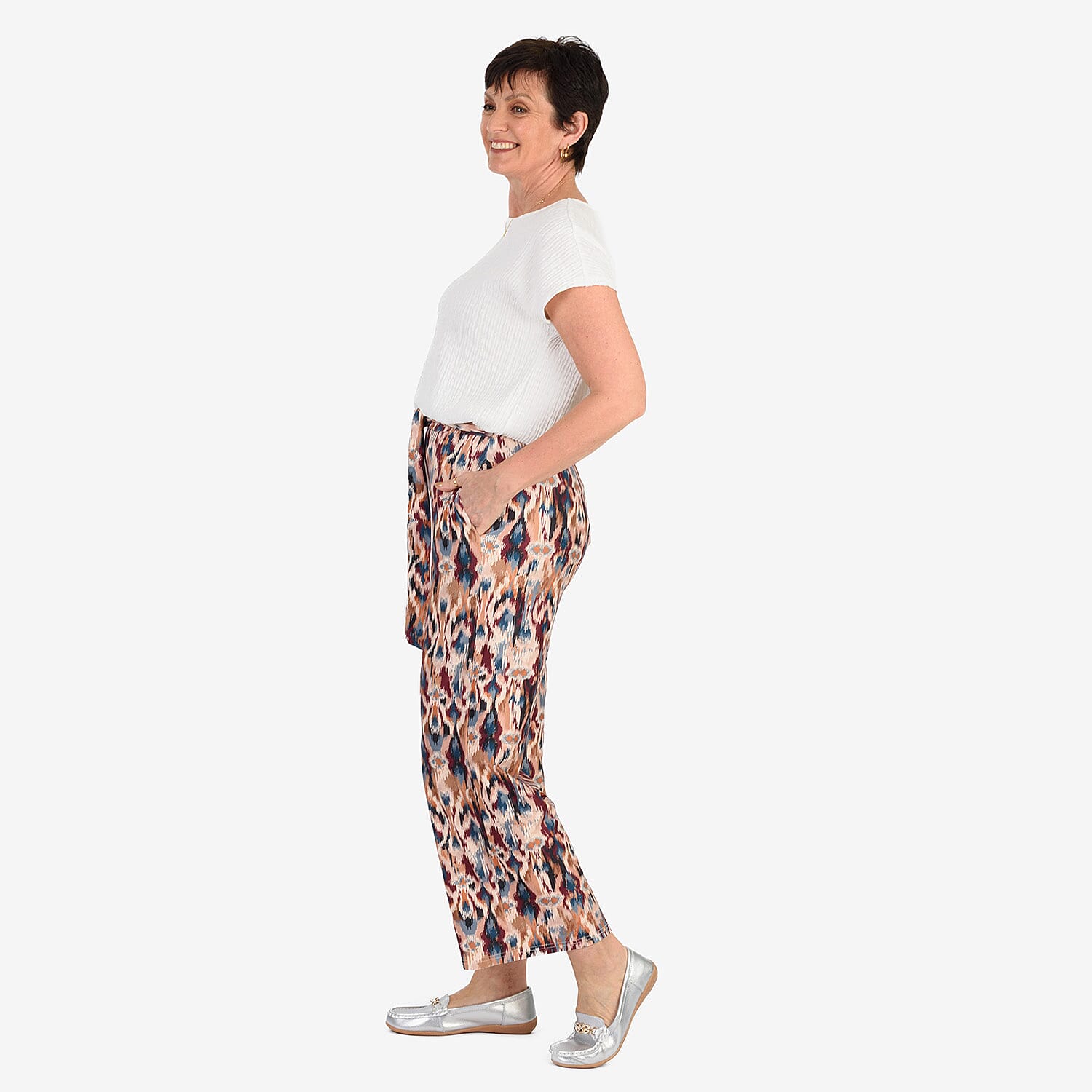 - Maisi Soft Touch Printed Belted Wide Leg Trouser (Size L) - BEIGE