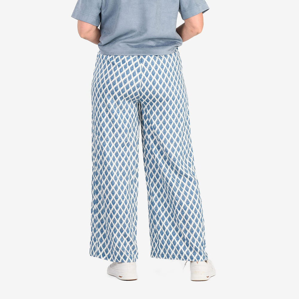 - Maisi Bamboo Linen-feel Wide leg Printed Trousers with Drawstring Waist (Size L) - Blue