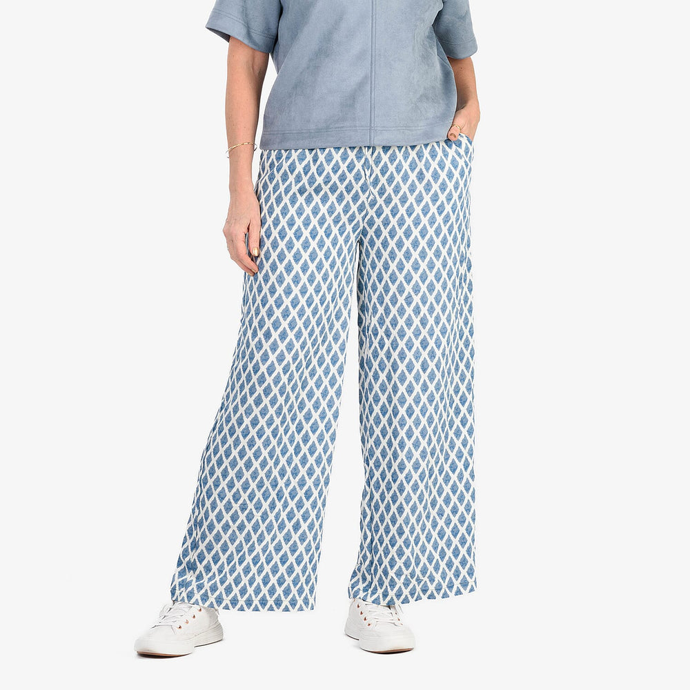 - Maisi Bamboo Linen-feel Wide leg Printed Trousers with Drawstring Waist (Size M) - Blue