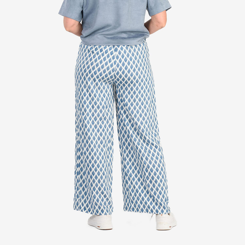 - Maisi Bamboo Linen-feel Wide leg Printed Trousers with Drawstring Waist (Size M) - Blue