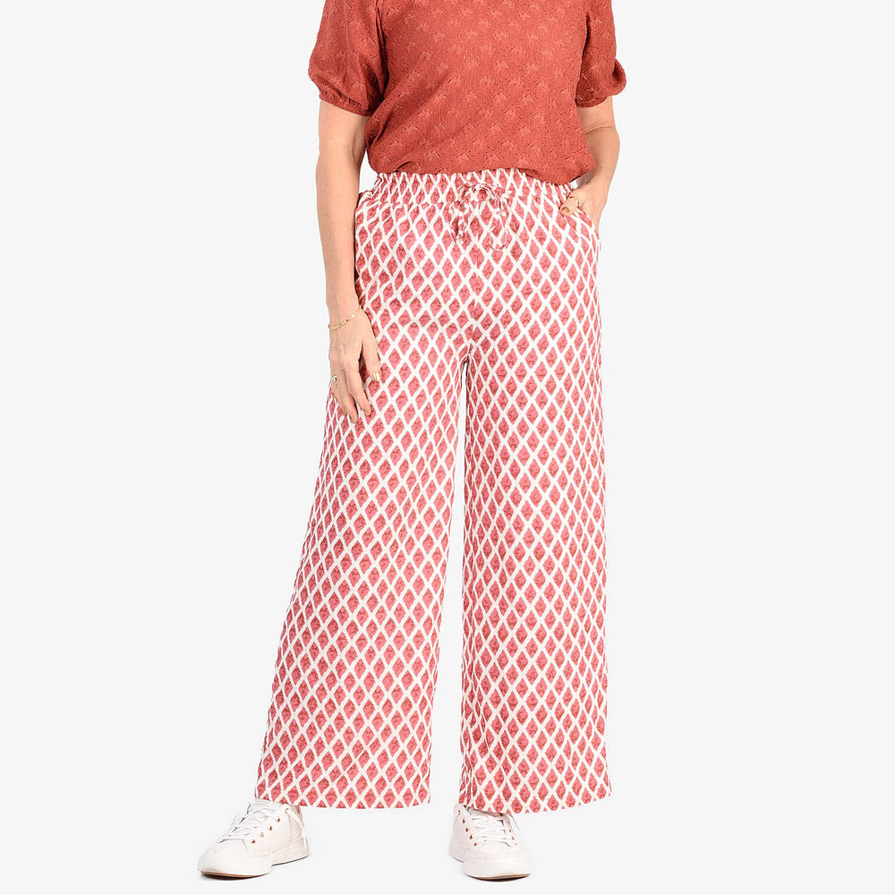 - Maisi Bamboo Linen-feel Wide leg Printed Trousers with Drawstring Waist (Size M) - Red