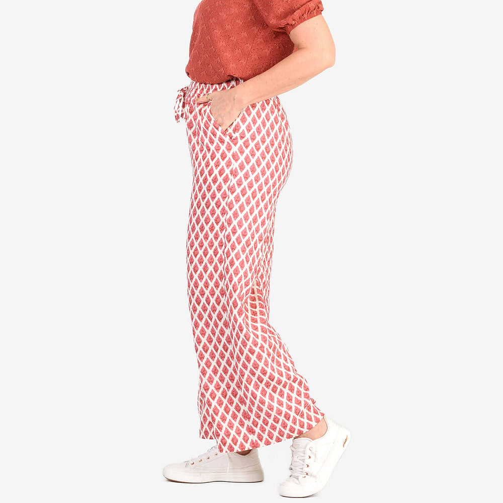 - Maisi Bamboo Linen-feel Wide leg Printed Trousers with Drawstring Waist (Size M) - Red