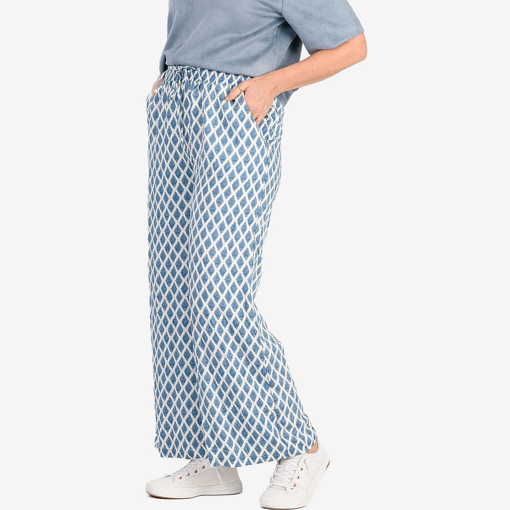 - Maisi Bamboo Linen-feel Wide leg Printed Trousers with Drawstring Waist (Size XL) - Blue