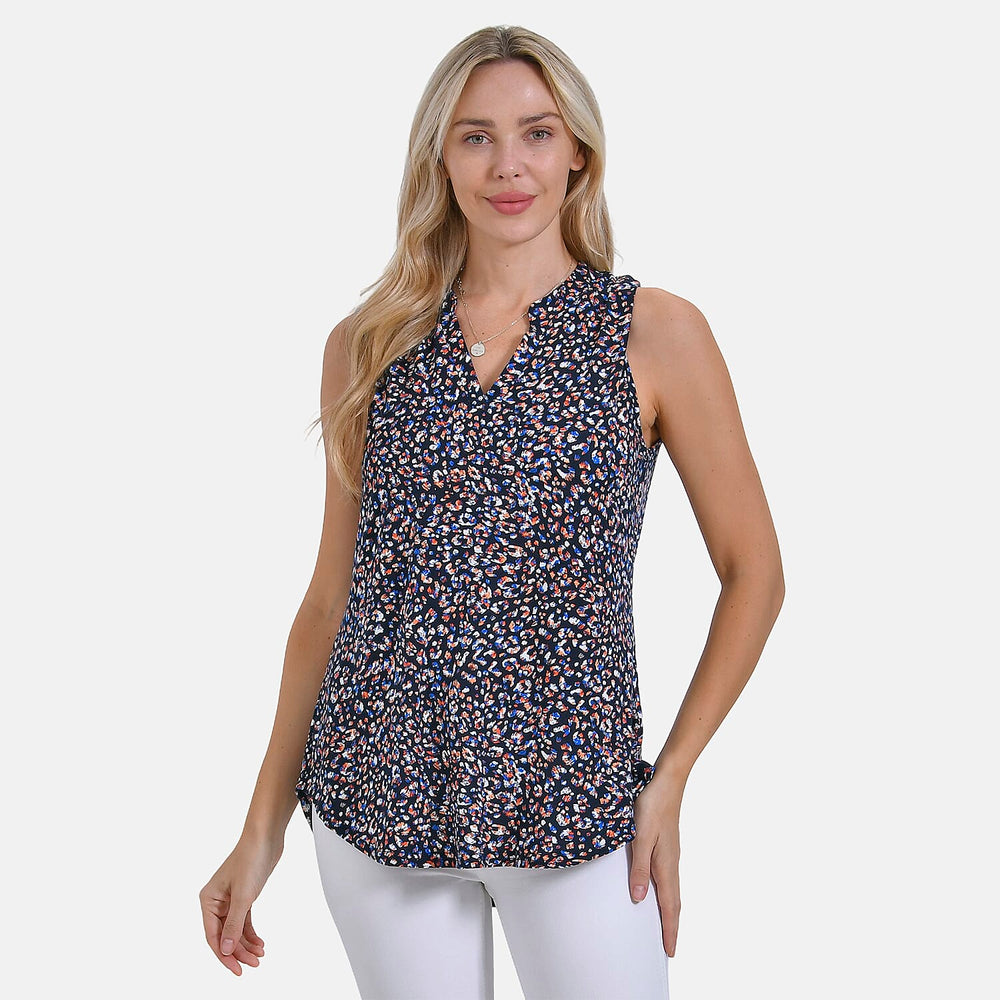 - Maisi Womens Leopard Print Sleeveless Relaxed Fit Blouse (Size M) - Black Base with Multicolor Print