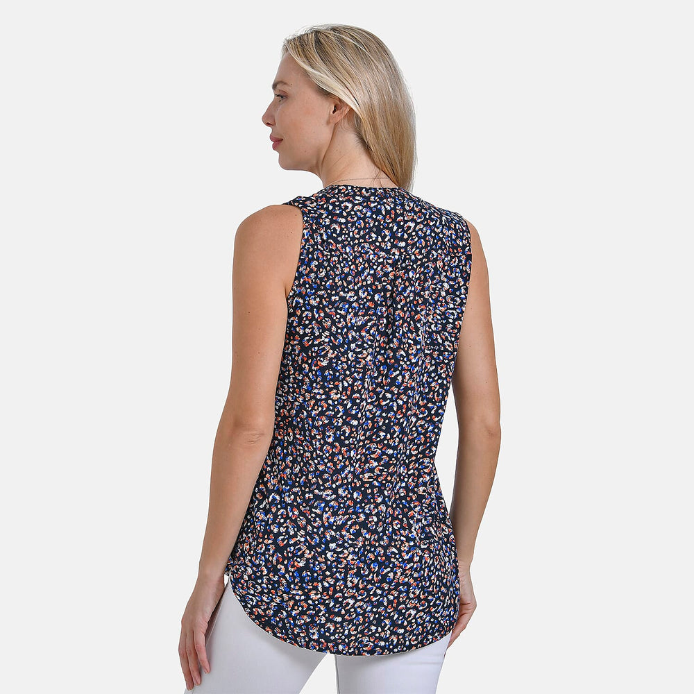 - Maisi Womens Leopard Print Sleeveless Relaxed Fit Blouse (Size M) - Black Base with Multicolor Print