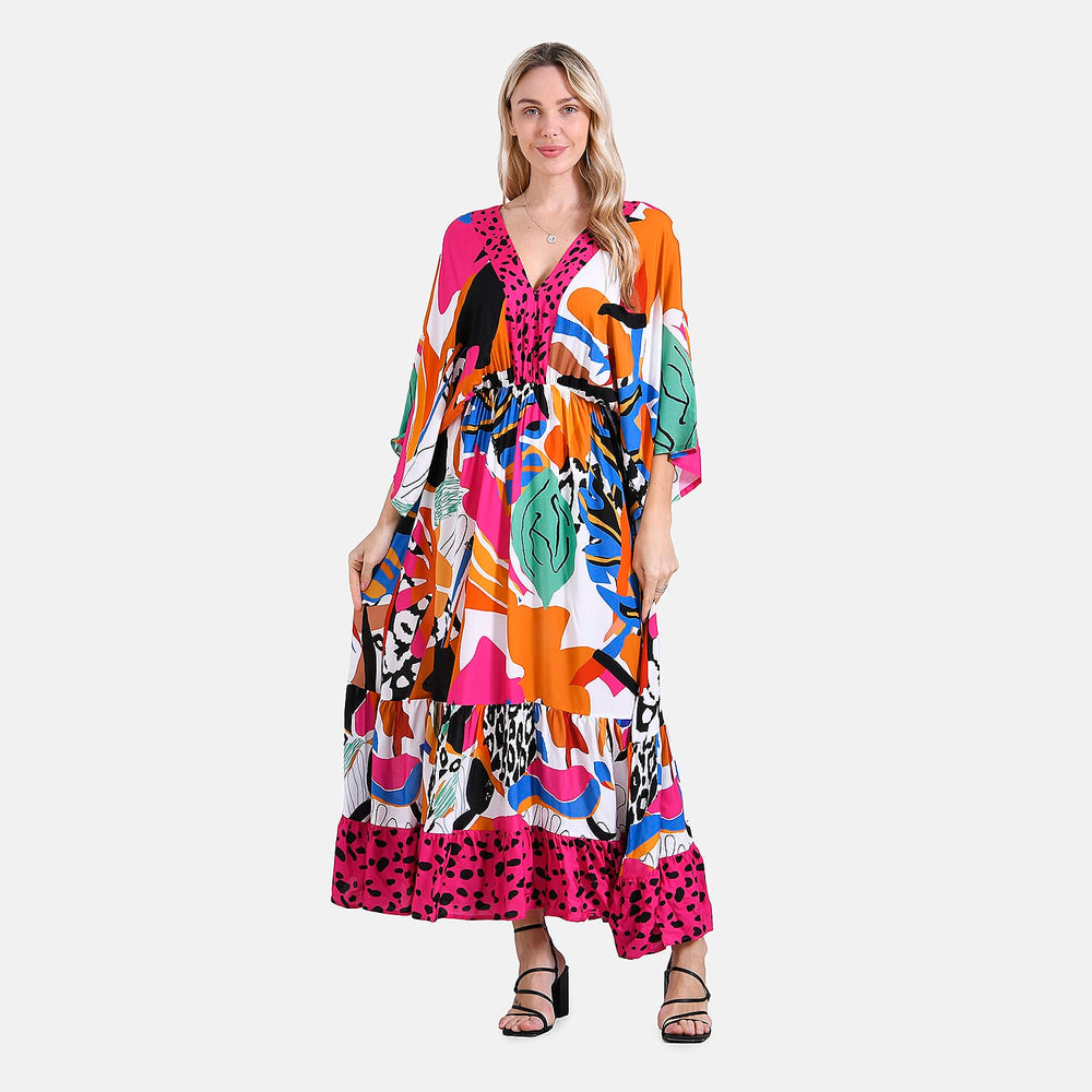 - Maisi Bohemian Red Rose - Leopard Mixed Print V-Neck Maxi Dress (One Size) - Multicolor