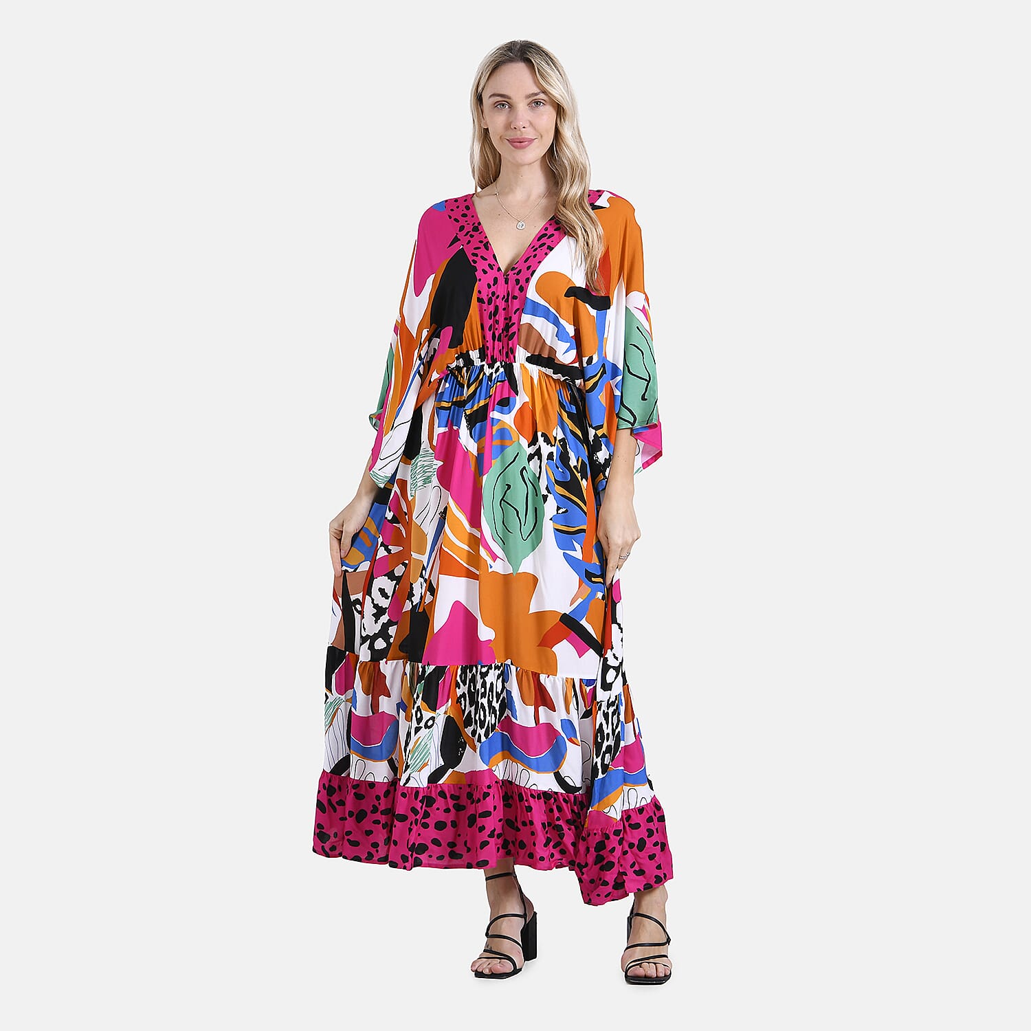 - Maisi Bohemian Red Rose - Leopard Mixed Print V-Neck Maxi Dress (One Size) - Multicolor