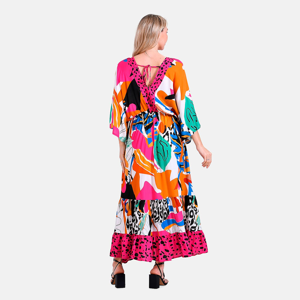 - Maisi Bohemian Red Rose - Leopard Mixed Print V-Neck Maxi Dress (One Size) - Multicolor