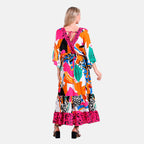- Maisi Bohemian Red Rose - Leopard Mixed Print V-Neck Maxi Dress (One Size) - Multicolor