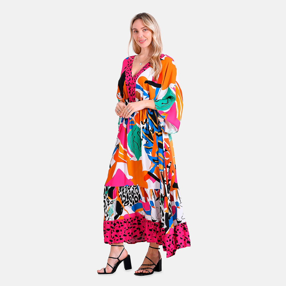 - Maisi Bohemian Red Rose - Leopard Mixed Print V-Neck Maxi Dress (One Size) - Multicolor