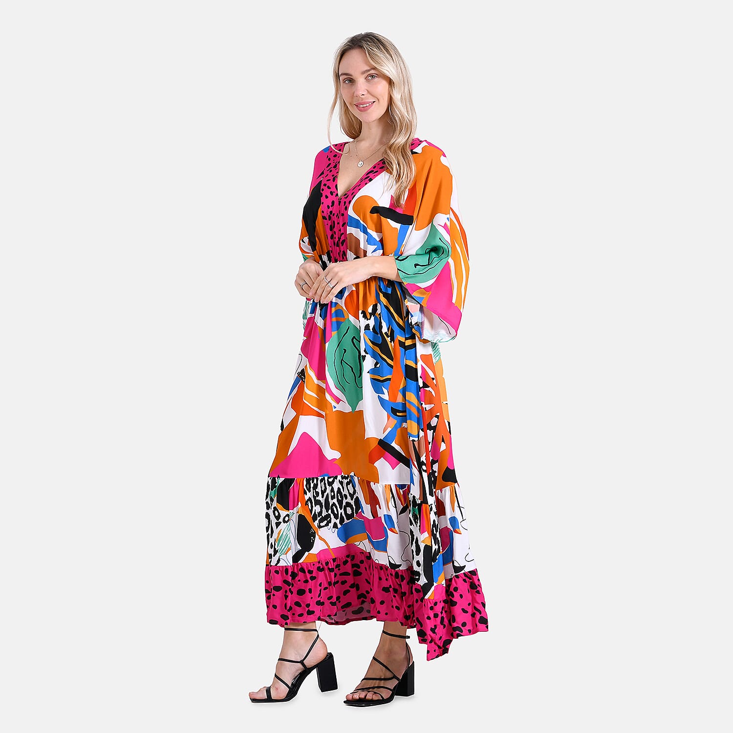- Maisi Bohemian Red Rose - Leopard Mixed Print V-Neck Maxi Dress (One Size) - Multicolor