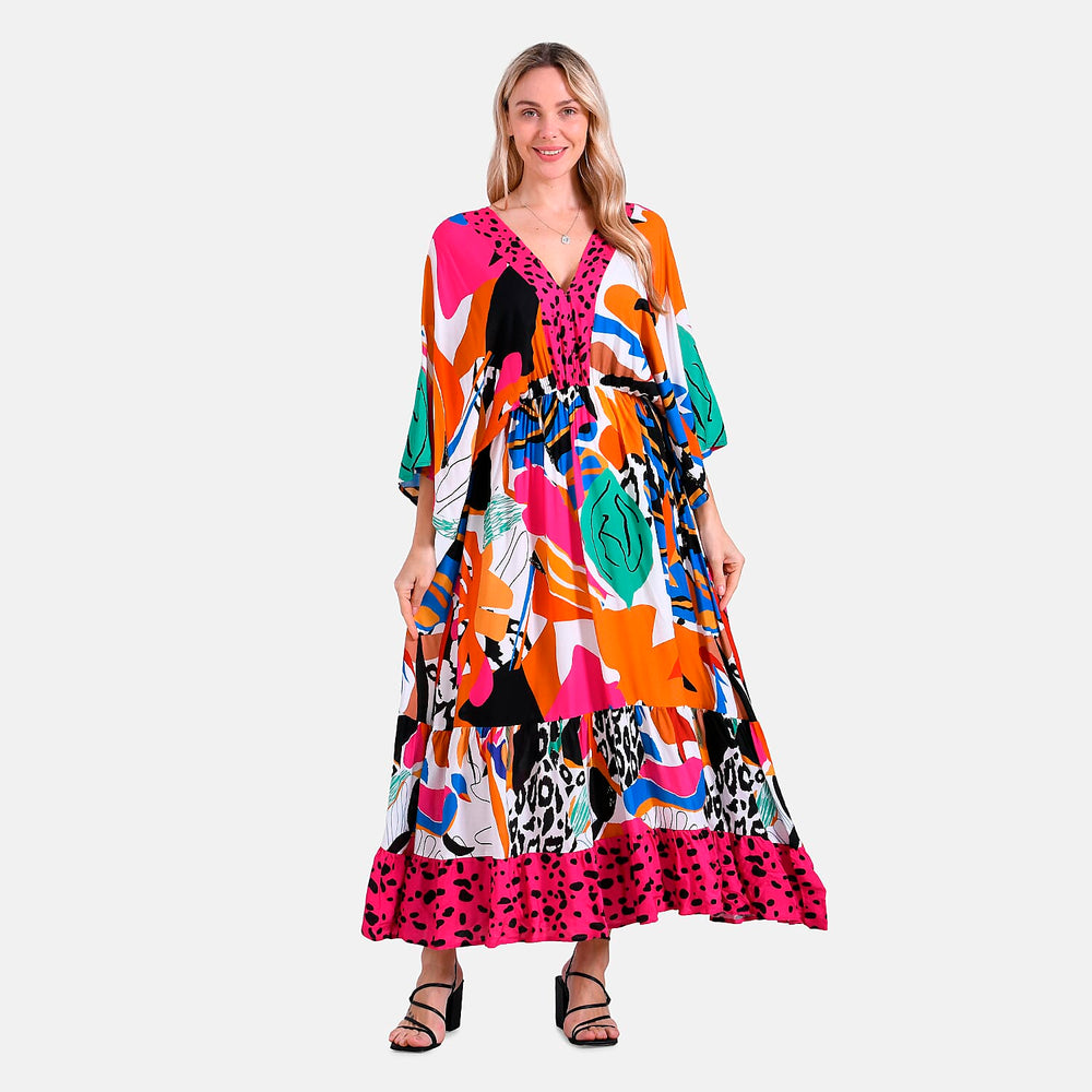 - Maisi Bohemian Red Rose - Leopard Mixed Print V-Neck Maxi Dress (One Size) - Multicolor