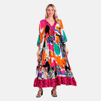 - Maisi Bohemian Red Rose - Leopard Mixed Print V-Neck Maxi Dress (One Size) - Multicolor