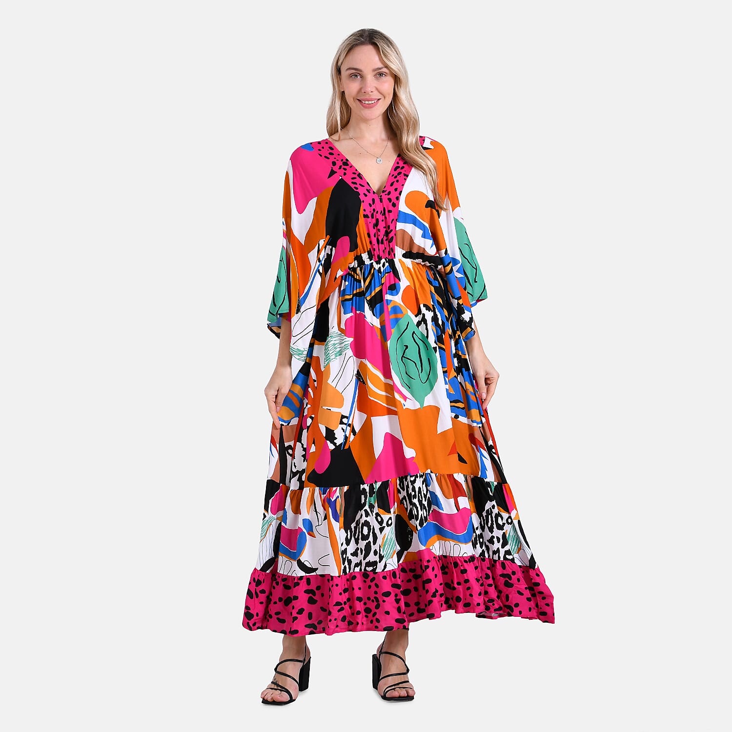 - Maisi Bohemian Red Rose - Leopard Mixed Print V-Neck Maxi Dress (One Size) - Multicolor