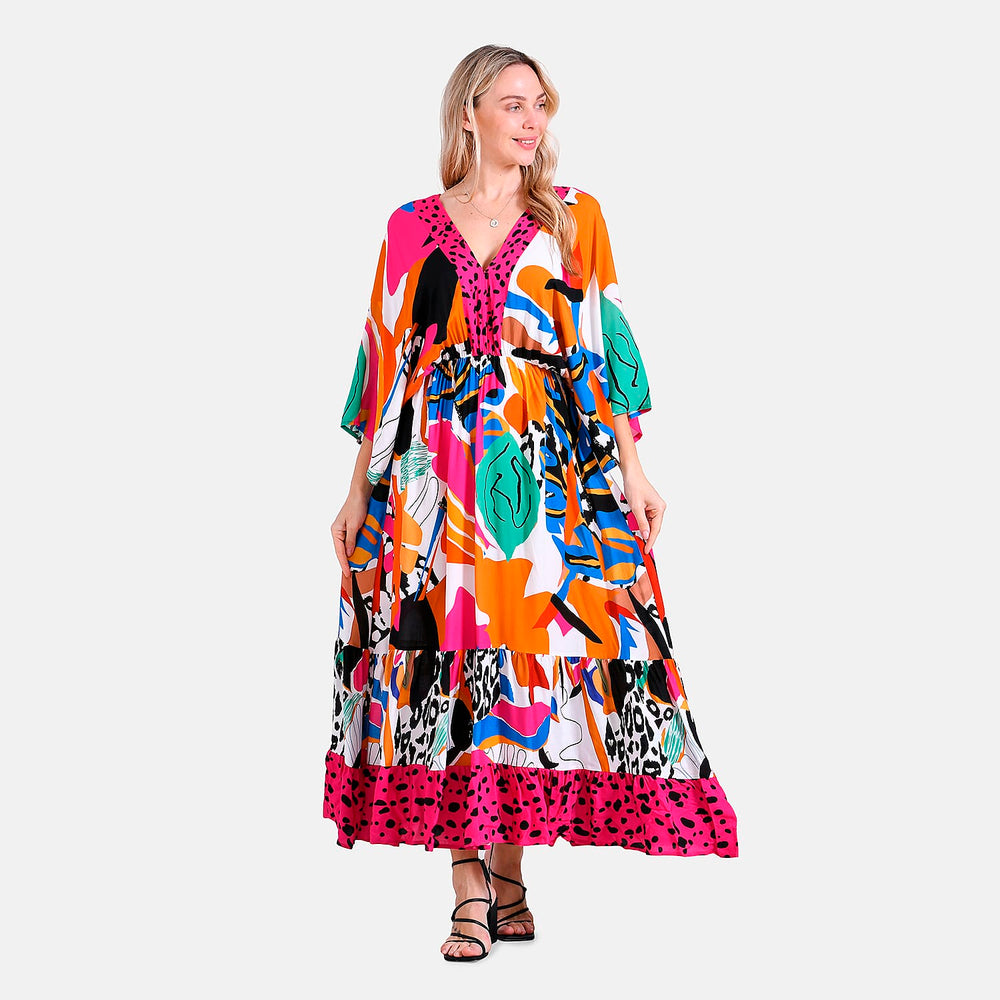 - Maisi Bohemian Red Rose - Leopard Mixed Print V-Neck Maxi Dress (One Size) - Multicolor