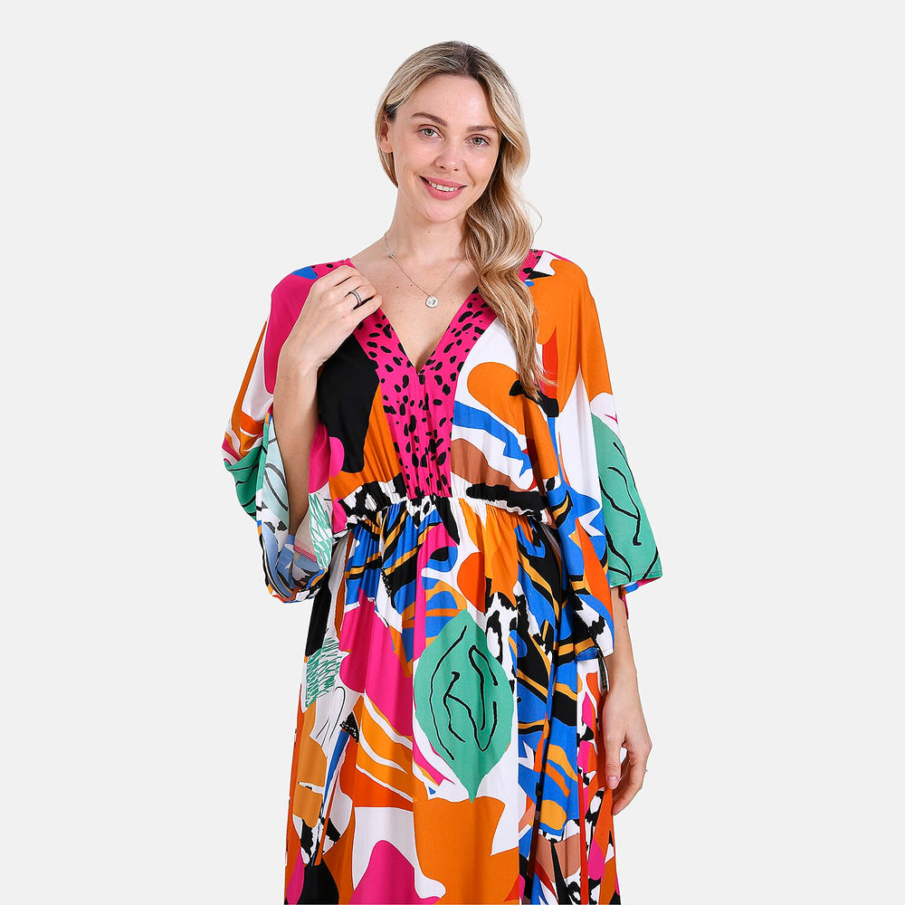 - Maisi Bohemian Red Rose - Leopard Mixed Print V-Neck Maxi Dress (One Size) - Multicolor