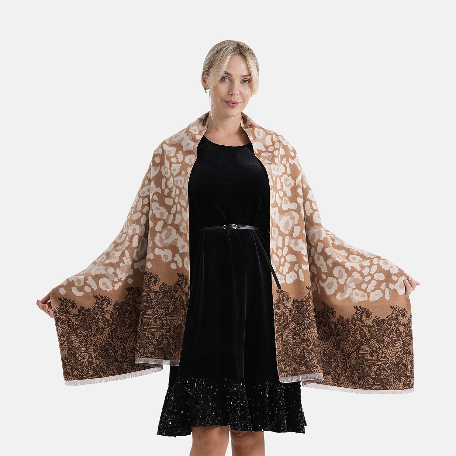 - Maisi Leopard Printed Colour-Block Tassel Scarf (180 x 75Cm) - Beige, Off-White - Brown