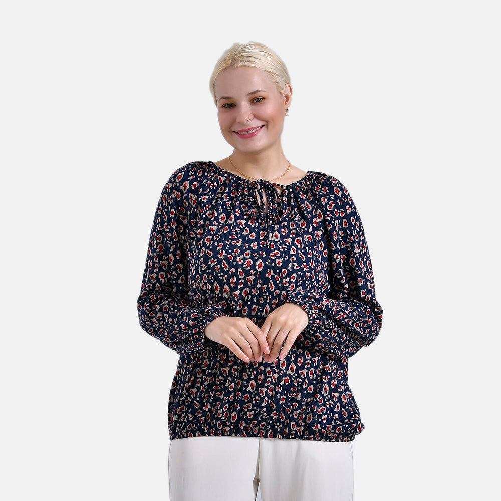 - Maisi Leopard Print Jersey Balloon Top with Tie-Up Neck (Size L) - Blue Base - Red Print