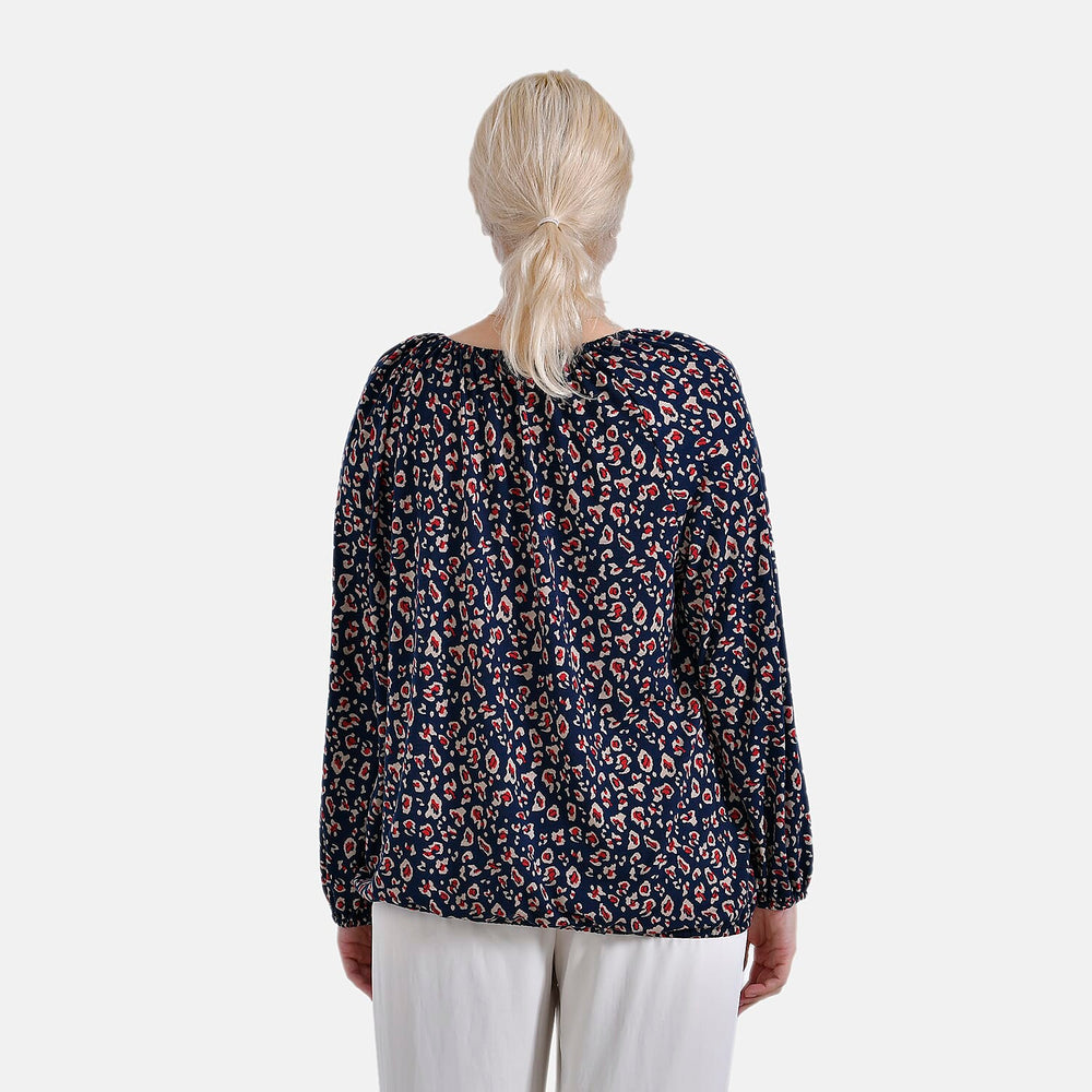- Maisi Leopard Print Jersey Balloon Top with Tie-Up Neck (Size L) - Blue Base - Red Print