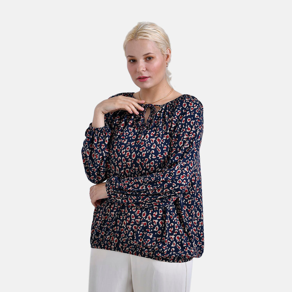 - Maisi Leopard Print Jersey Balloon Top with Tie-Up Neck (Size L) - Blue Base - Red Print