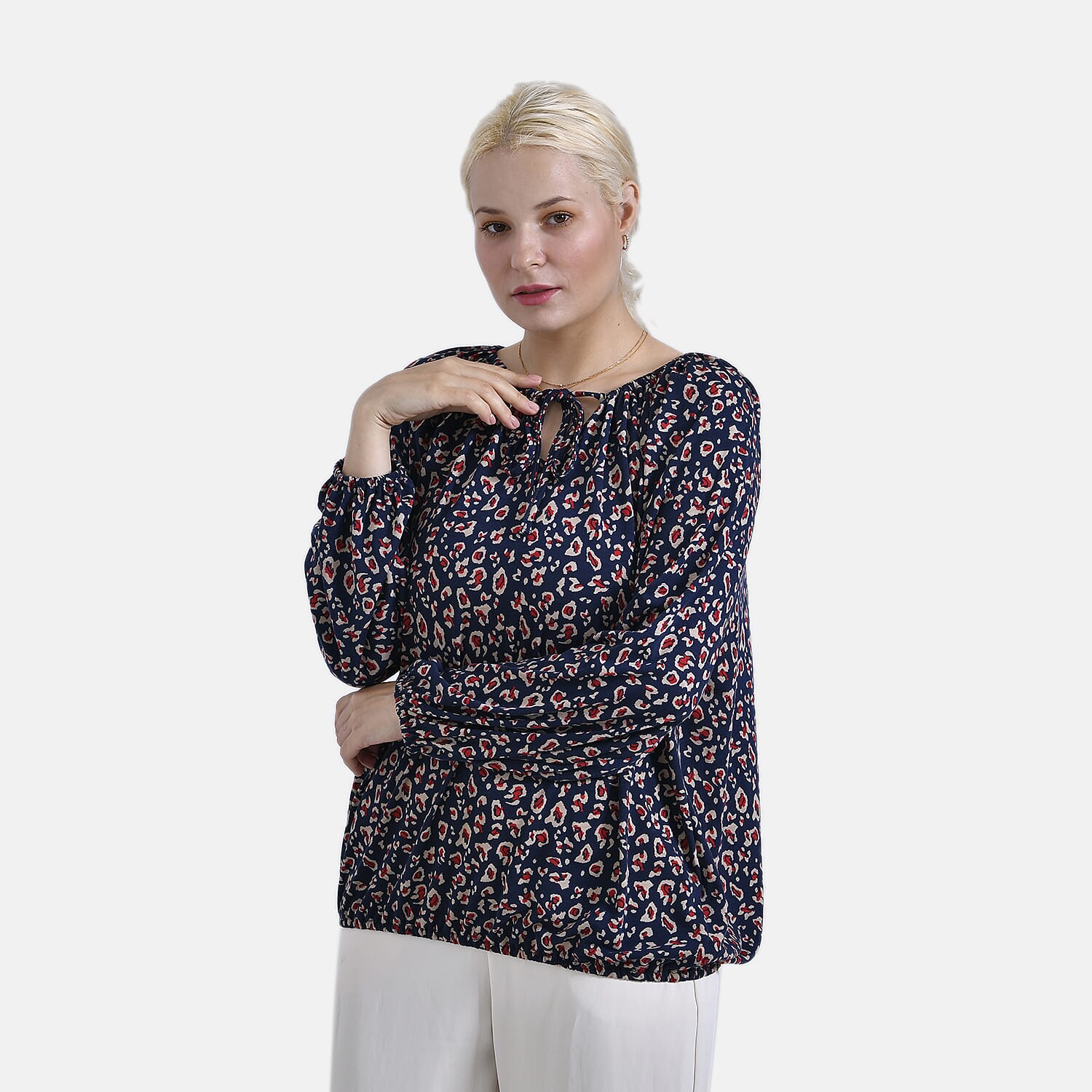 - Maisi Leopard Print Jersey Balloon Top with Tie-Up Neck (Size L) - Blue Base - Red Print