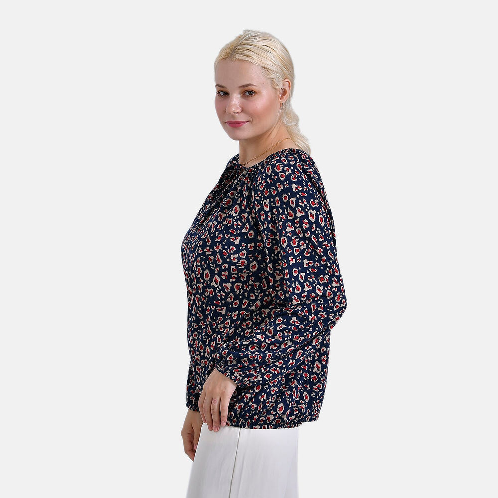 - Maisi Leopard Print Jersey Balloon Top with Tie-Up Neck (Size L) - Blue Base - Red Print