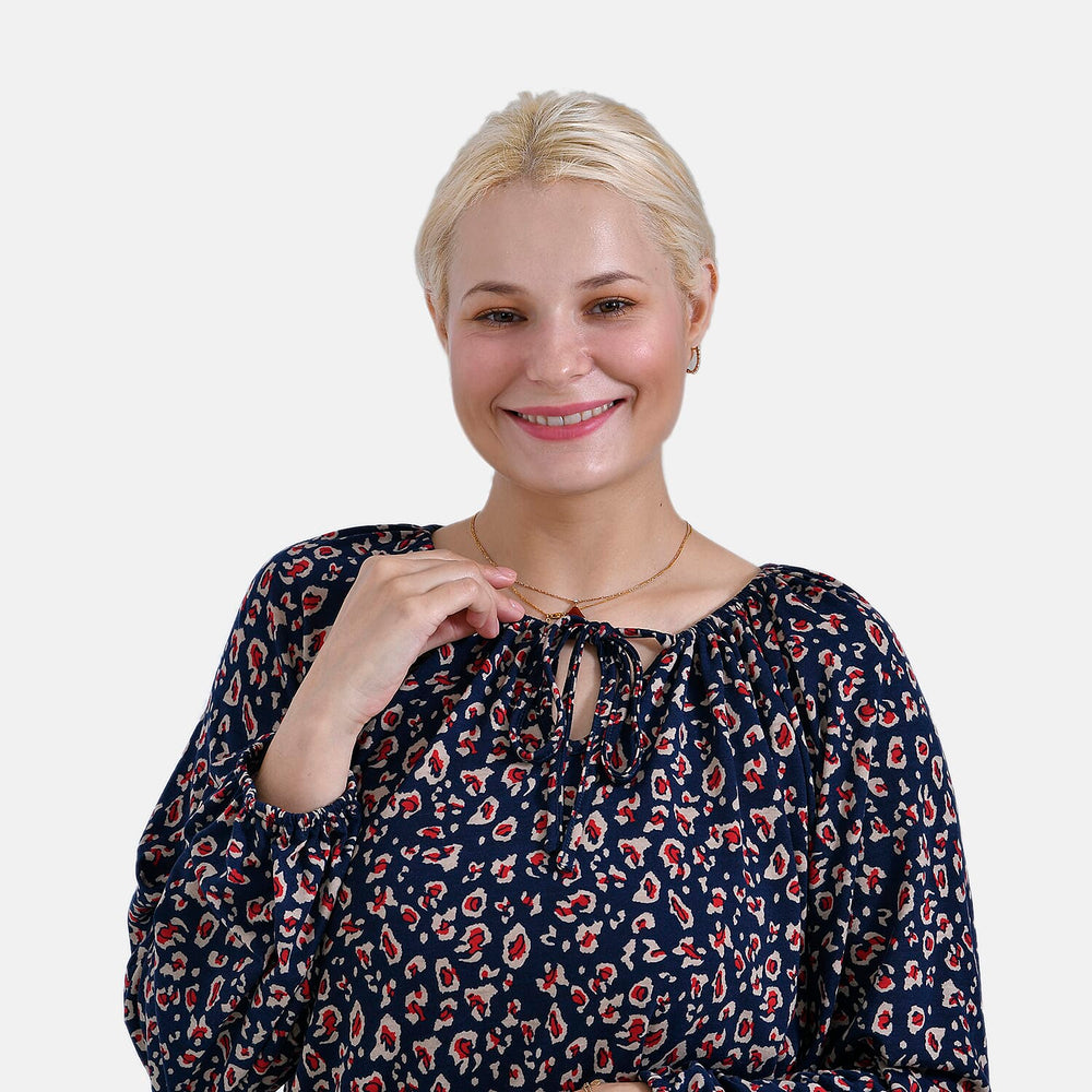 - Maisi Leopard Print Jersey Balloon Top with Tie-Up Neck (Size L) - Blue Base - Red Print