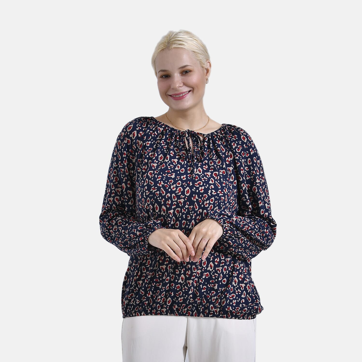 - Maisi Leopard Print Jersey Balloon Top with Tie-Up Neck (Size M) - Blue Base - Red Print