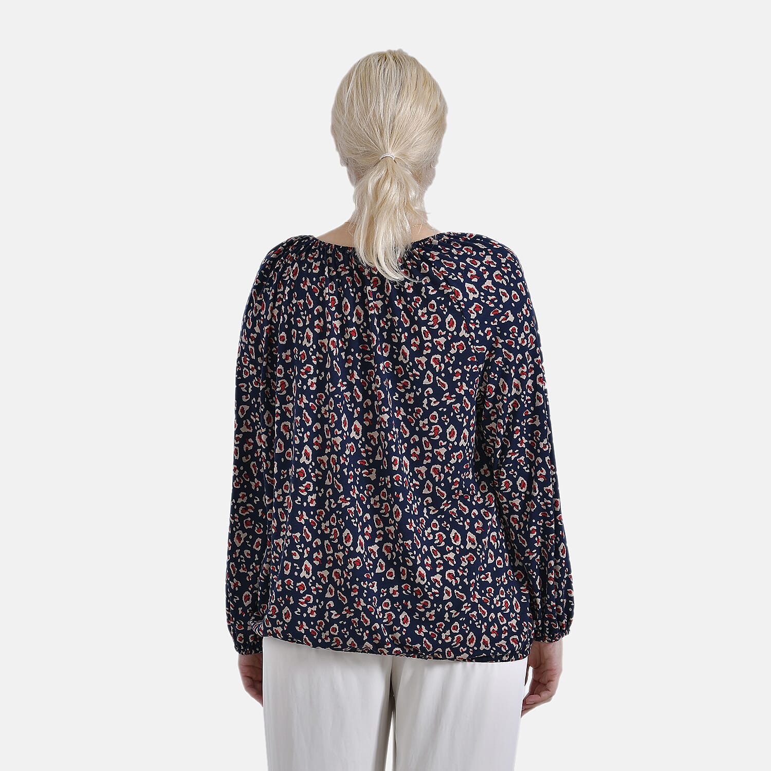 - Maisi Leopard Print Jersey Balloon Top with Tie-Up Neck (Size M) - Blue Base - Red Print