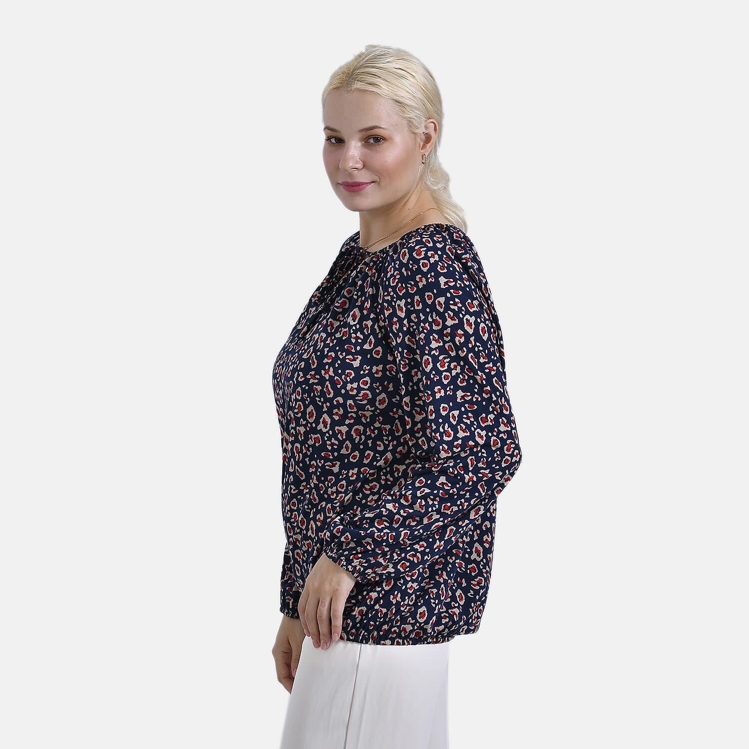 - Maisi Leopard Print Jersey Balloon Top with Tie-Up Neck (Size M) - Blue Base - Red Print