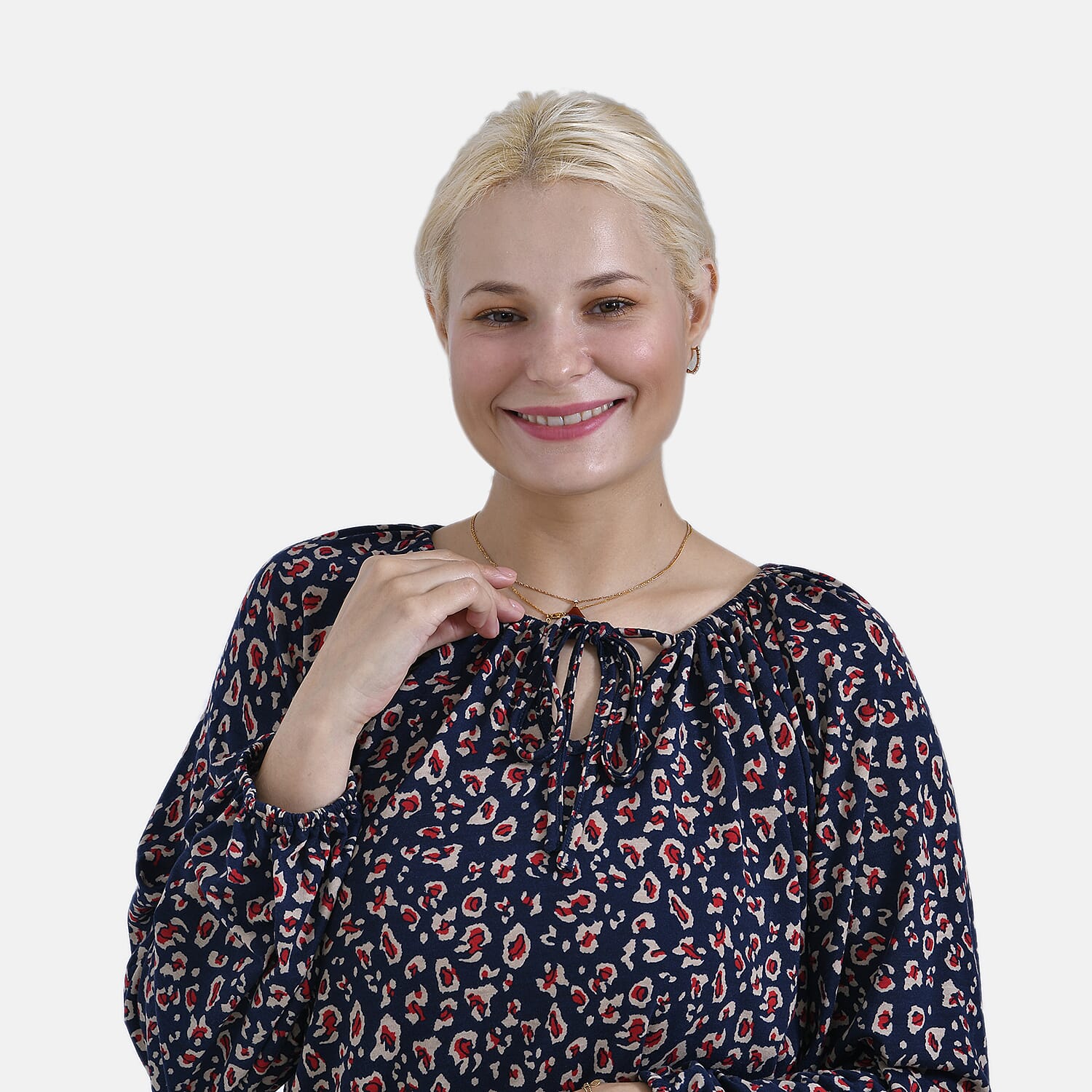 - Maisi Leopard Print Jersey Balloon Top with Tie-Up Neck (Size M) - Blue Base - Red Print