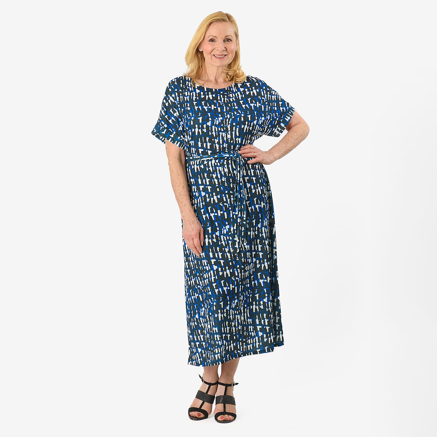 - Maisi Belted Printed Midi Dress (Size L) - Blue