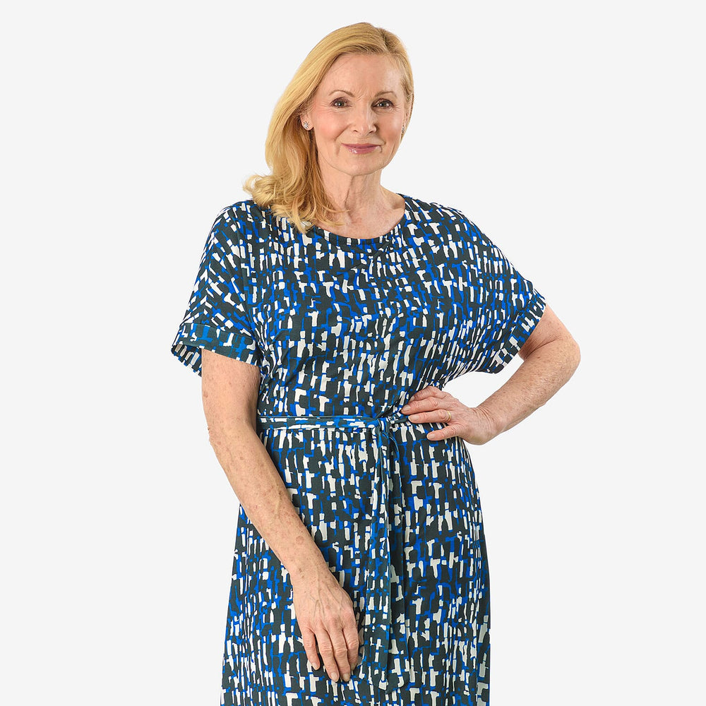 - Maisi Belted Printed Midi Dress (Size L) - Blue
