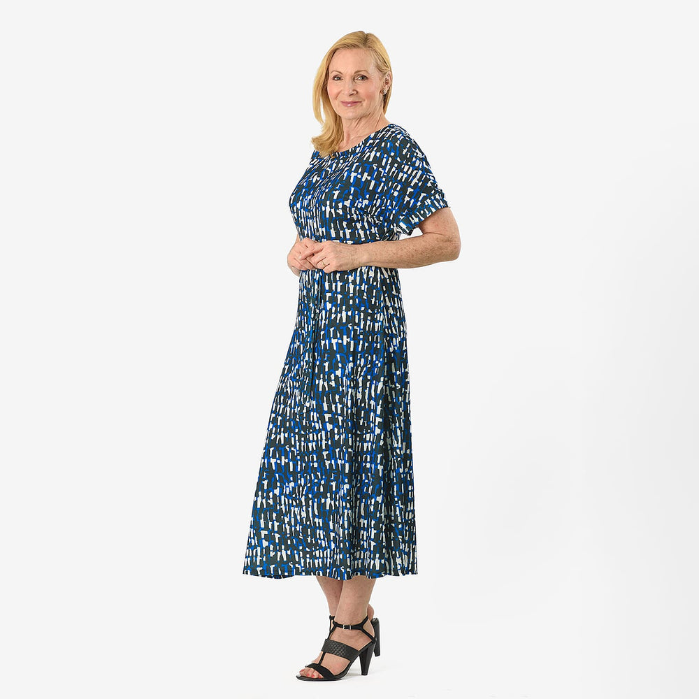 - Maisi Belted Printed Midi Dress (Size L) - Blue
