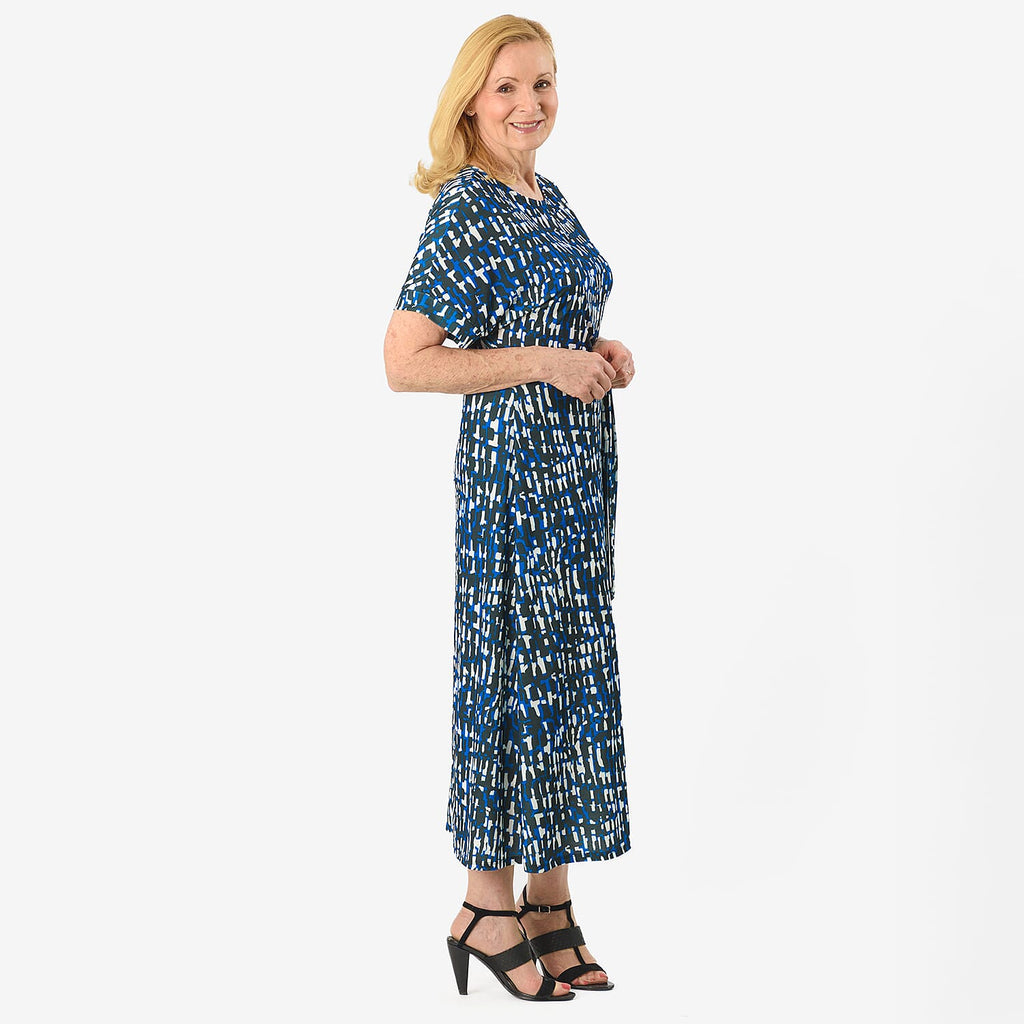 - Maisi Belted Printed Midi Dress (Size L) - Blue