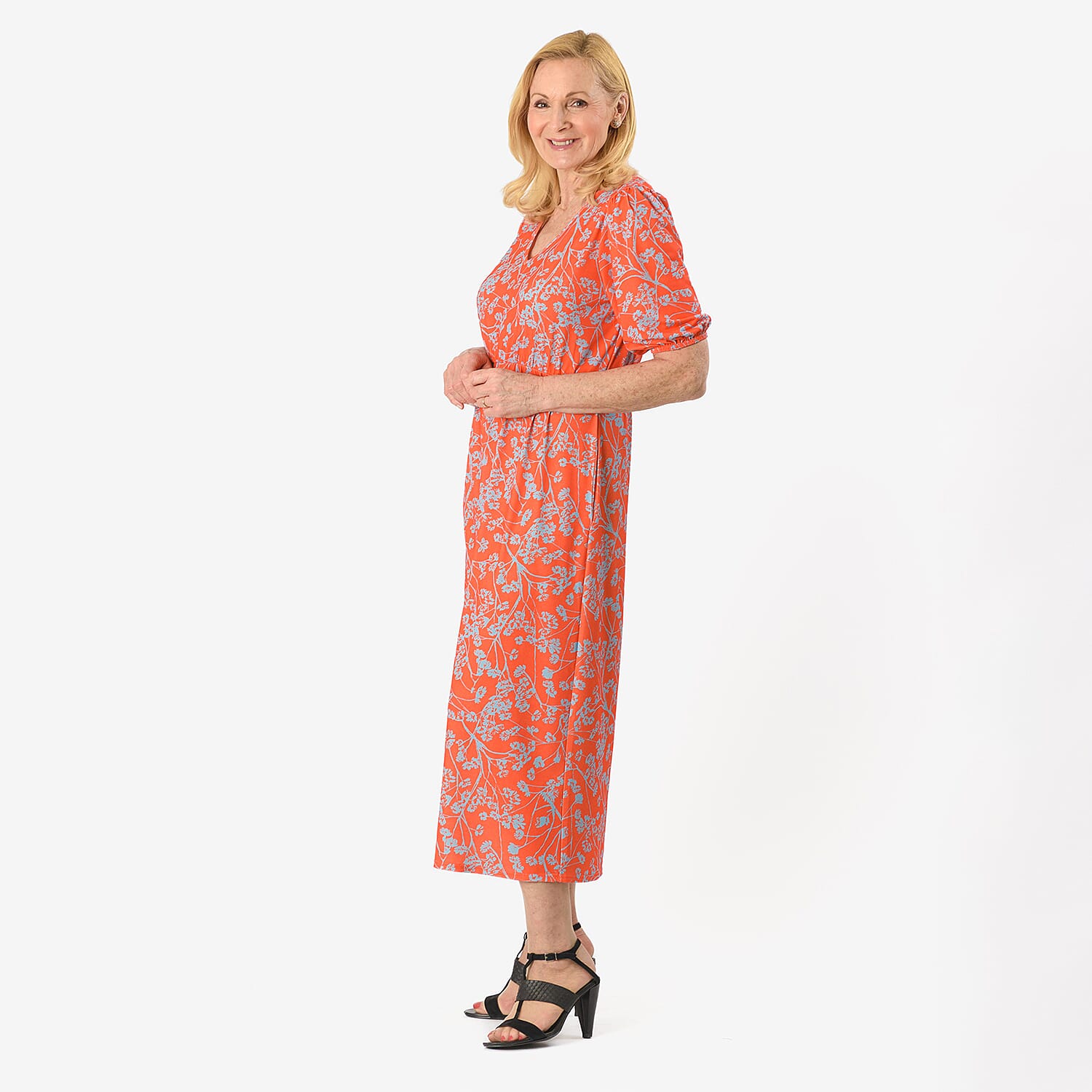 - Maisi Floral Printed Midi Dress (Size L) - Red