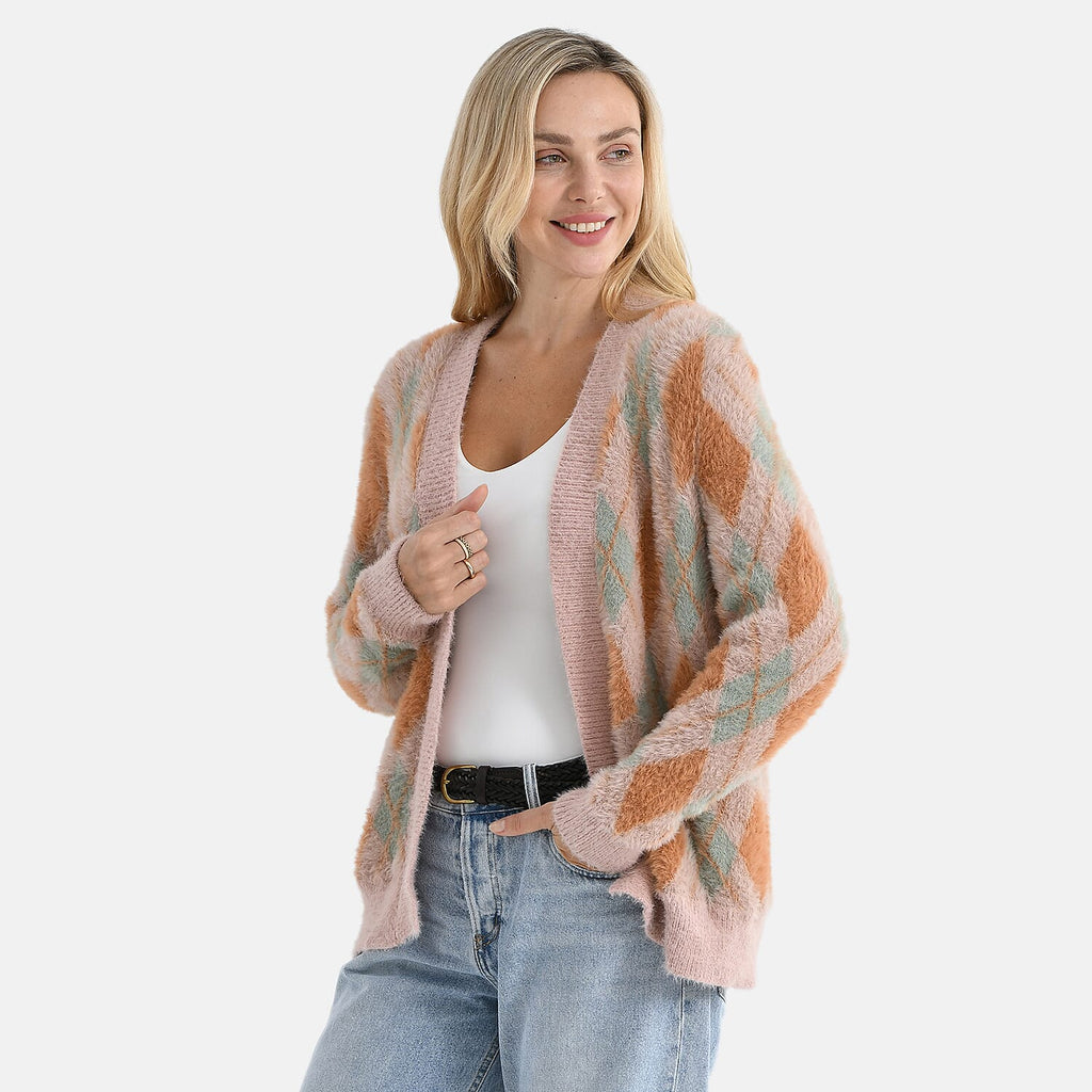 - Maisi Knitted Argyle Cozy Cardigan (One Size 8 to 20) - Pink - Green