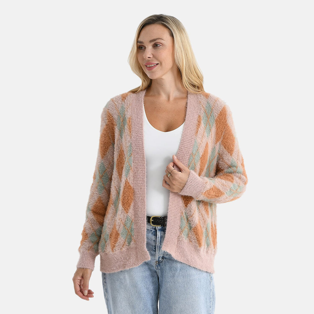 - Maisi Knitted Argyle Cozy Cardigan (One Size 8 to 20) - Pink - Green