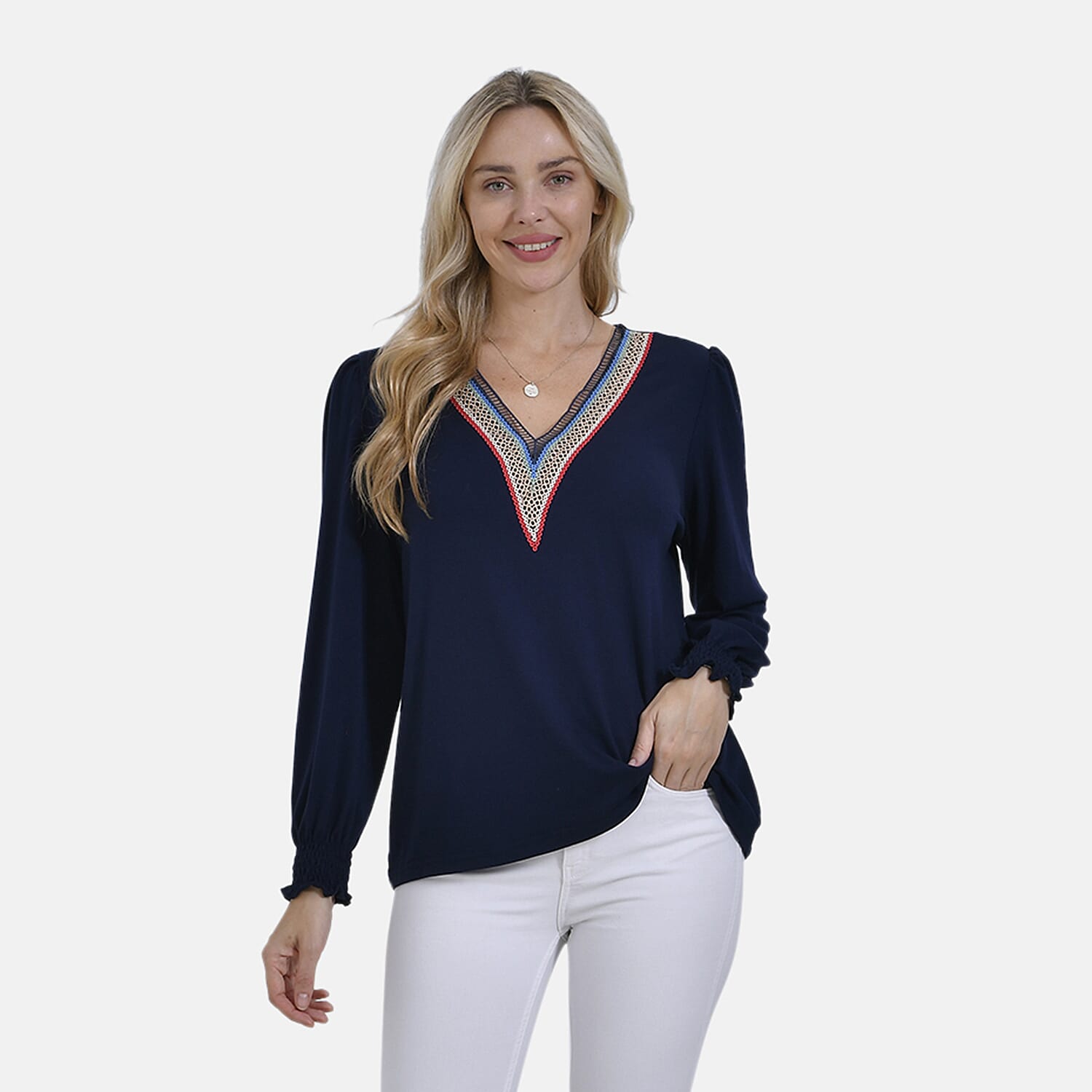 - Maisi V-Neck Lace Blouse (Size L) - Blue