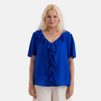 - Maisi Ruffled Collar Short Sleeve Blouse (Size L) - Navy Blue