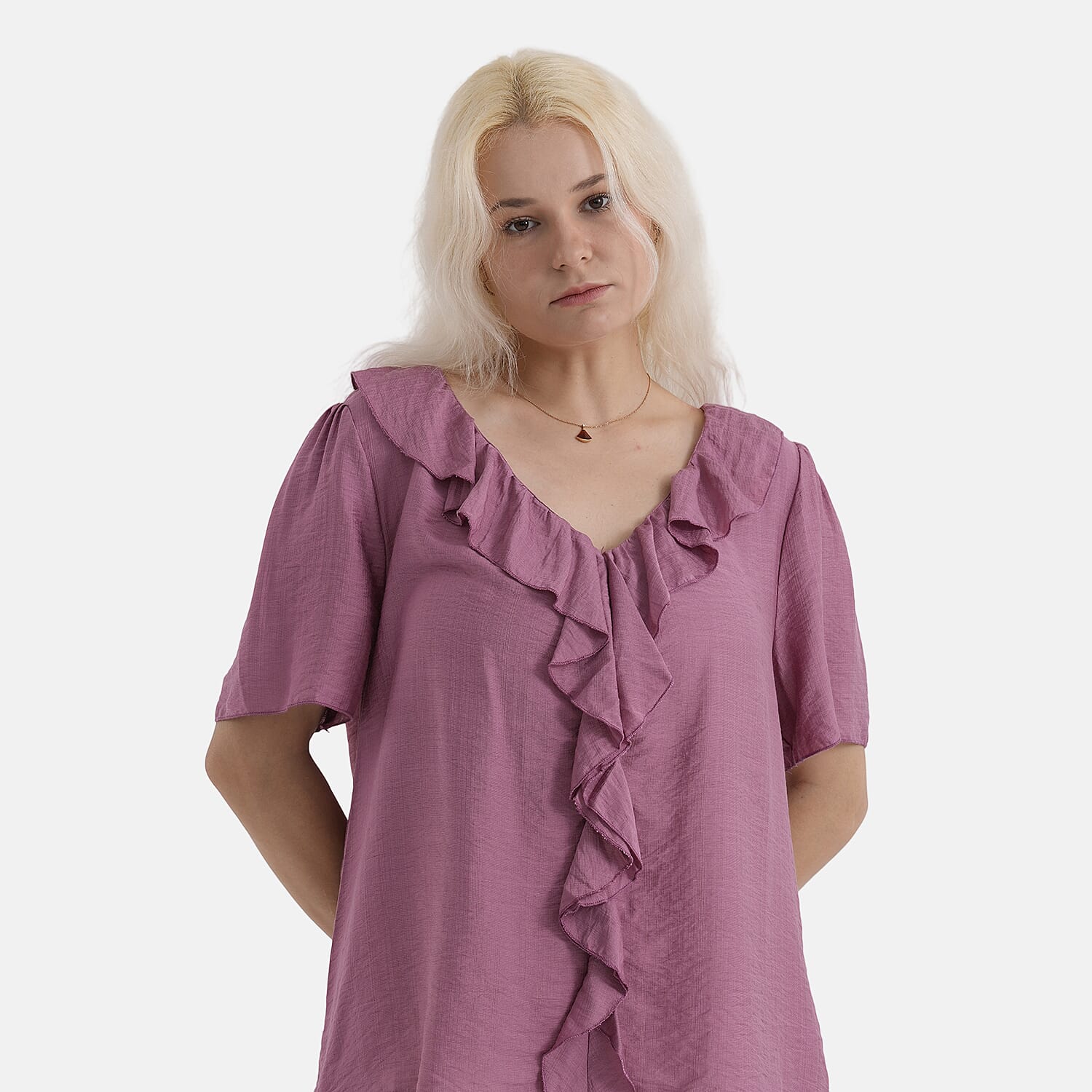 - Maisi Ruffled Collar Short Sleeve Blouse (Size - L) - Light Maroon