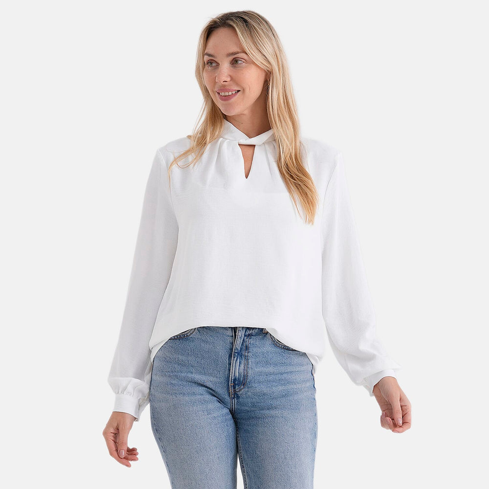 - Maisi Elegant Keyhole Neckline Long-Sleeved Top (Size M, Fit 12 To 14) - White