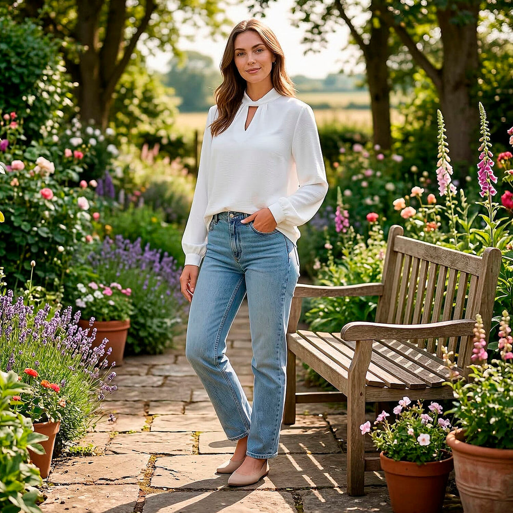 - Maisi Elegant Keyhole Neckline Long-Sleeved Top (Size M, Fit 12 To 14) - White