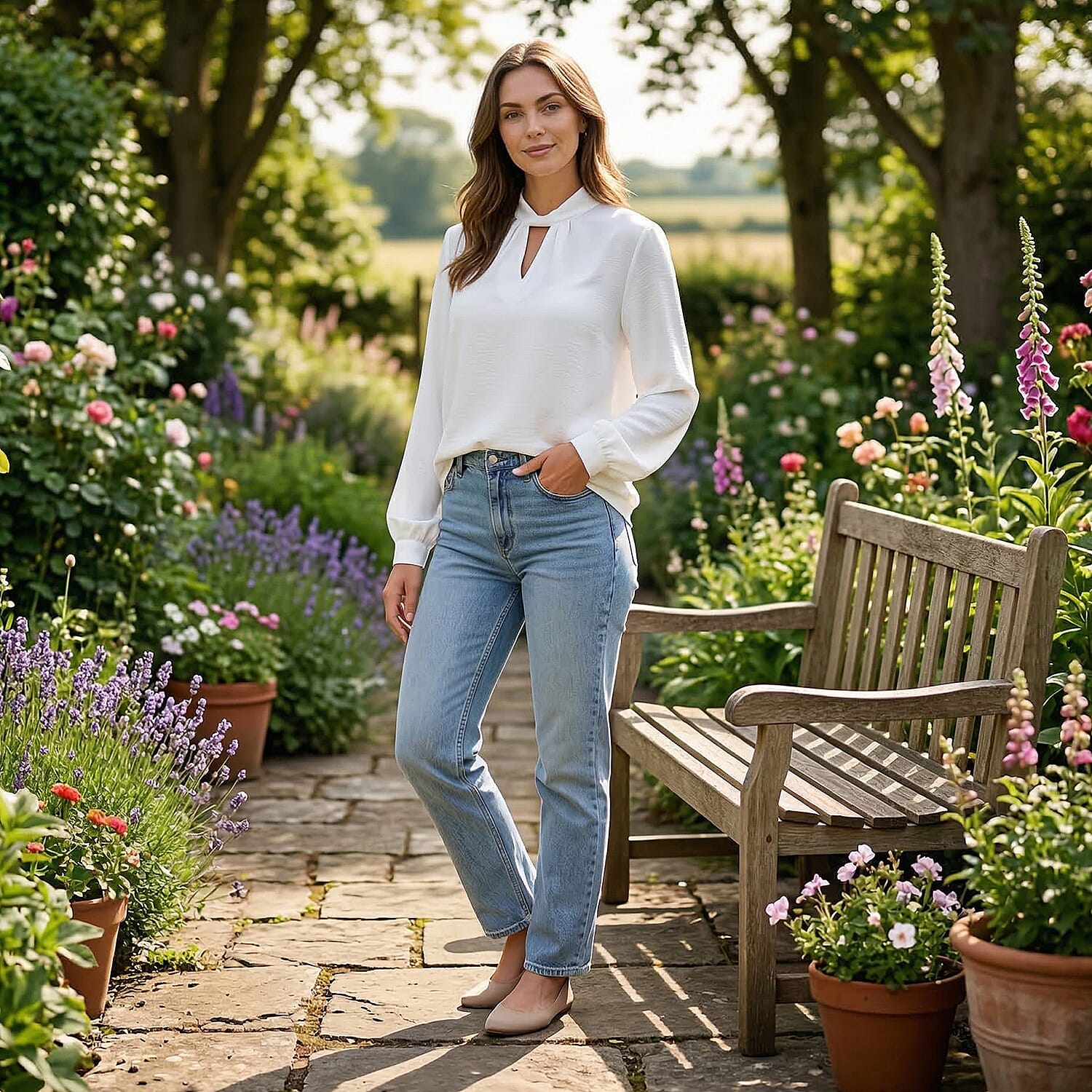 - Maisi Elegant Keyhole Neckline Long-Sleeved Top (Size M, Fit 12 To 14) - White