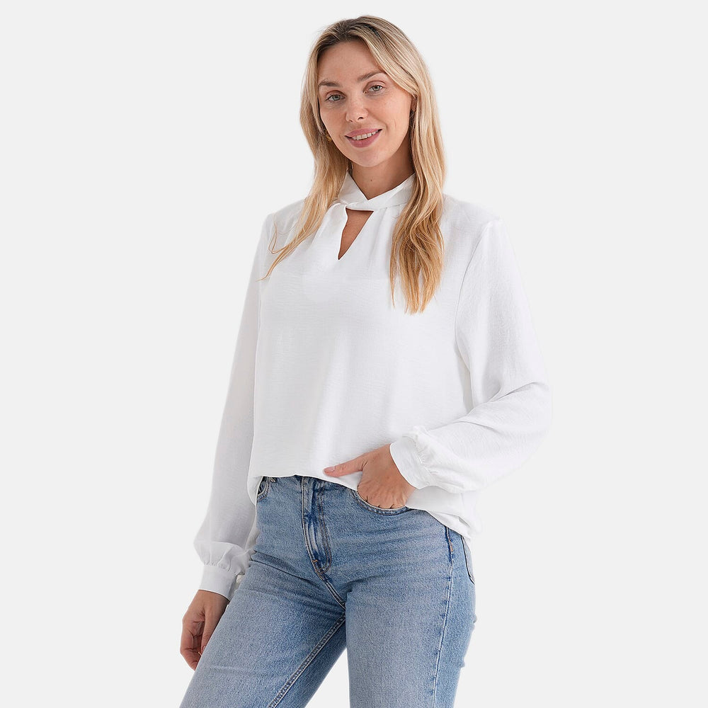 - Maisi Elegant Keyhole Neckline Long-Sleeved Top (Size M, Fit 12 To 14) - White
