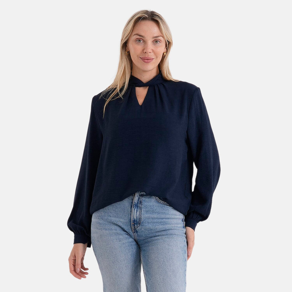 - Maisi Elegant Keyhole Neckline Long-Sleeved Top (Size M, Fit 12 To 14) - Blue